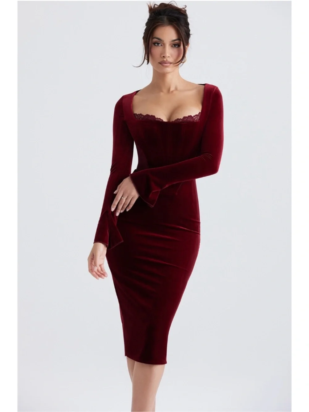 NEW House of CB Solaine Velvet Dress Wine Large